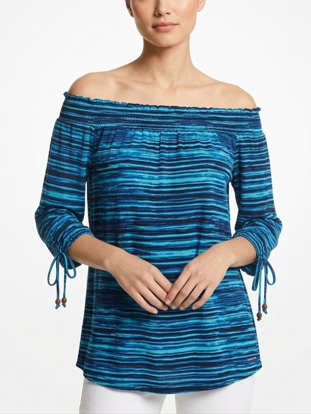 Michael Kors Blue Off the Shoulder Cinched Tie Sleeved Blouse Size Medium